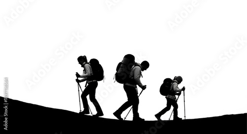 Three Hikers With Backpacks Walking Uphill Silhouette.