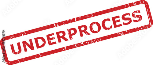 A rectangular red rubber stamp featuring the distressed text UNDERPROCESS on a crisp white backdrop