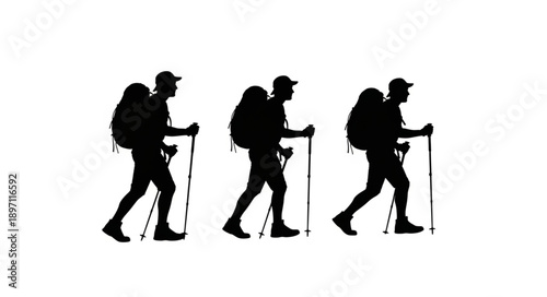 Three Hikers Silhouetted Walking with Backpacks and Poles.