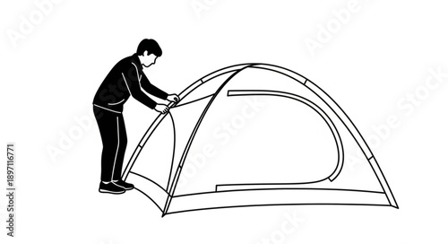 Person setting up a camping tent outdoors illustration.
