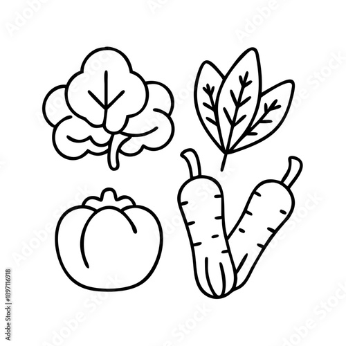 Vegetable set line icon collection - Minimal black outline icons of assorted vegetables including broccoli, leafy greens, tomato, and carrots, representing fresh produce and healthy food concepts.
