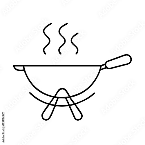 Steaming wok pan line icon - Minimal black outline icon of a steaming wok on a stand, representing cooking, heat, and food preparation for apps and menus.
