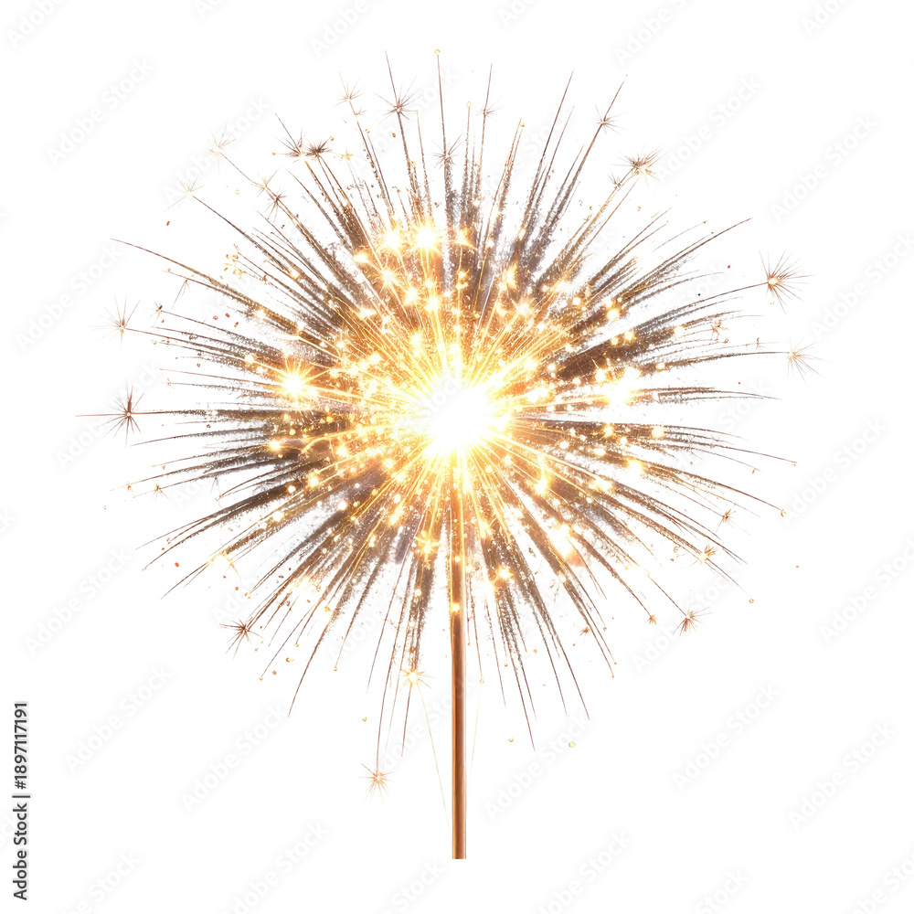 Obraz premium Golden Sparkler Burst: Celebration, Fireworks, Joyful Moment, Festive Lighting, New Year's Eve, Party, Holiday, Bright Sparkles, Isolated on White