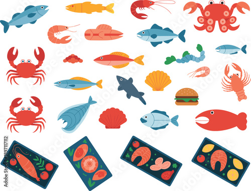 Seafood and marine cuisine vector set, colorful fish shrimp crab lobster illustrations, ocean food icons, culinary dish graphics, underwater edible elements