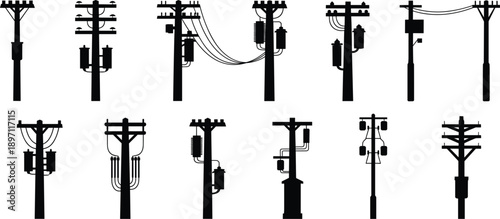 Assortment of black silhouette electrical utility poles with transformers and wires Keywords: electrical pole, power line