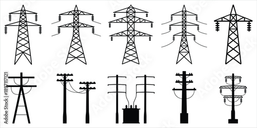 Assortment of black silhouette electricity pylons and utility poles with transformers power line transmission tower