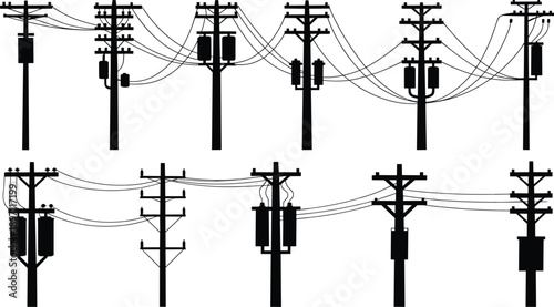 Assortment of electrical poles with transformers and wires silhouette electricity power