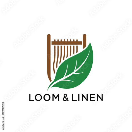 Green leaf and wooden weaving loom icon for eco friendly textile brand or sustainable fabric industry identity of Loom & Linen logo