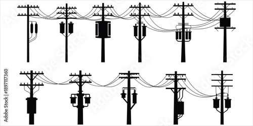 Collection of black silhouette utility poles with transformers and wires electricity power line