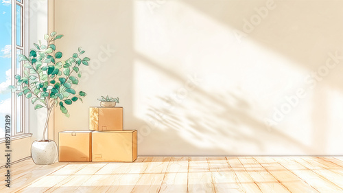 日差しの入る部屋に置かれた段ボール箱と観葉植物の引っ越しイメージのイラスト