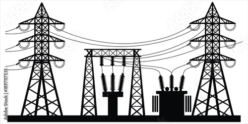 Electrical substation with high voltage towers and transformer silhouette electricity power