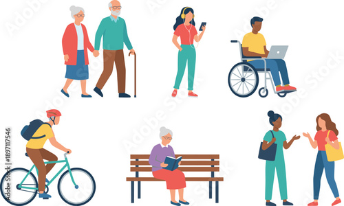Diverse Community People Set with Seniors Walking, Person in Wheelchair, Cyclist, Woman Reading on Bench, and Friends Talking Vector