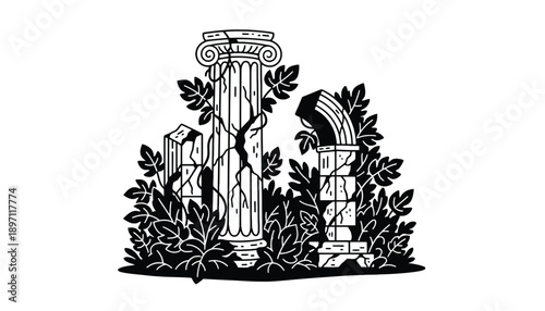 Ancient ruined columns with ivy overgrown symbolizing history and nature reclaimed in a mystical greek landscape
