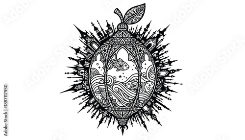 Intricate black and white illustration of a stylized fruit with leaf abstract patterns and spiky texture on white background