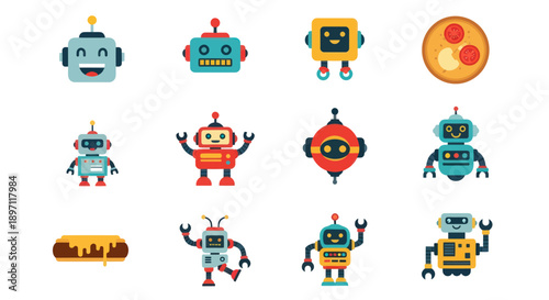Colorful robot icons on white background