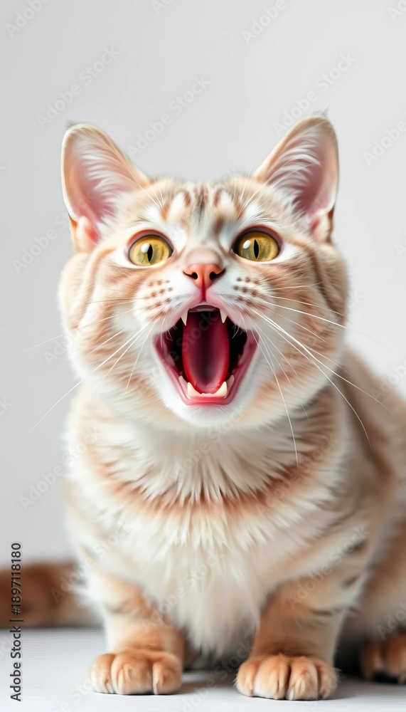 Obraz premium Lilac British Shorthair cat eyes wide, mouth agape in shock, isolated white background, lilac cat, emotional