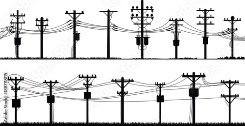 Silhouette collection of electricity poles and power lines against white background transmission