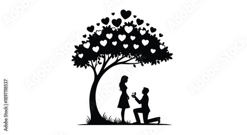 A romantic proposal under a heart shaped tree black silhouette