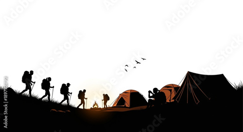 Silhouette of hikers with backpacks and tents at sunset.