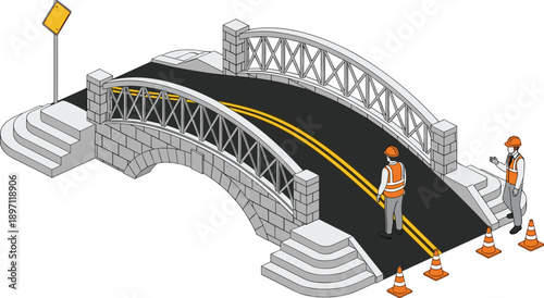 Bridge construction repair vector illustration workers safety cones road maintenance infrastructure isolated design scene