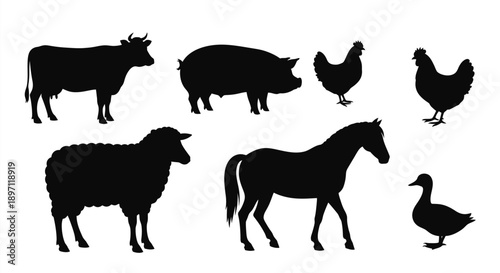 Farm animals in black silhouettes against a white background silhouette