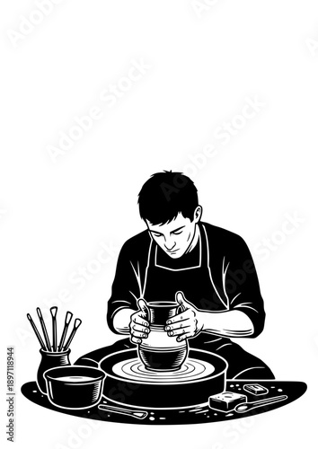 Artisan Pottery Maker Silhouette Handcrafted Ceramic Artist at Work Vector Illustration