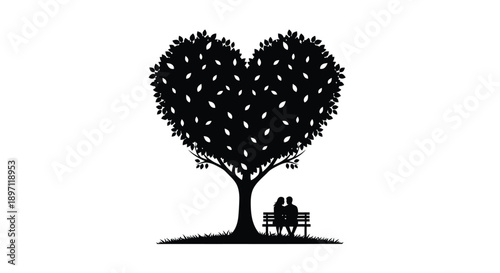 A heart shaped tree with a couple on a bench a striking silhouette