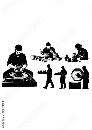 Artisan Pottery Maker Silhouette Handcrafted Ceramic Artist at Work Vector Illustration