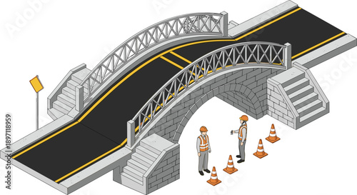 Bridge maintenance vector illustration road repair workers safety cones infrastructure construction isolated design scene