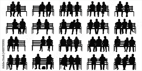 Silhouettes of people sitting on park benches in different arrangements and group sizes vector illustration