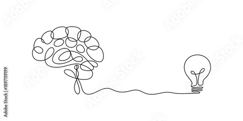 Continuous line drawing of a brain and a lightbulb representing idea generation and inspiration Vector, illustration