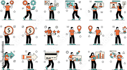 Business people flat vector illustration set workflow analytics finance marketing support technology dashboard icons modern minimal characters 