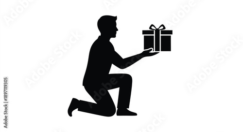 Man kneeling presenting a gift in a striking black silhouette