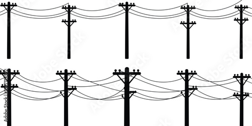 Two rows of utility poles with power lines in a repeating arrangement electricity infrastructure