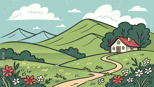 Serene countryside landscape with white house red roof and winding dirt road through green hills and colorful flowers under blue sky with fluffy clouds