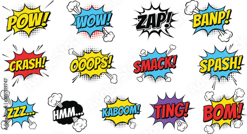 Comic sound effects set pop art speech bubbles pow wow zap bang crash splash boom colorful vector illustration