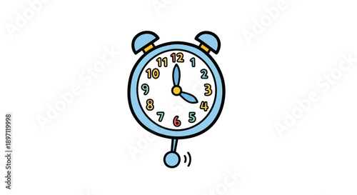 Blue hand drawn alarm clock icon ringing loudly in a doodle style, isolated white background.
