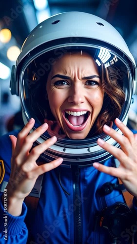 Woman in astronaut helmet expresses shock and fear with wide eyes and open mouth