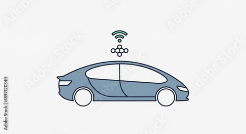 Modern Autonomous Electric Car with Wireless Connectivity Symbol.