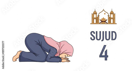 Muslim woman performing Sujud prayer in Islamic worship.