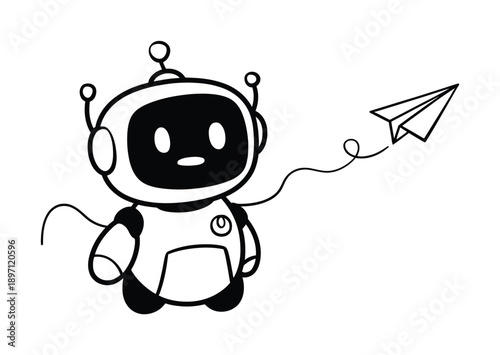 Cute Robot Sending a Paper Airplane Vector illustration