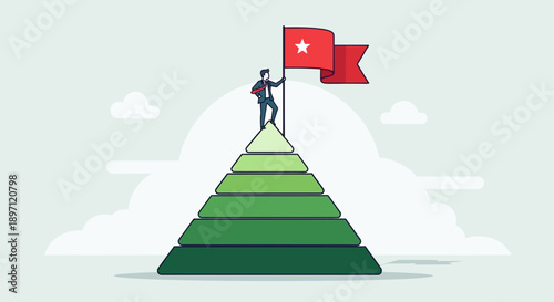 Businessperson Standing on a Pyramid of Green Stairs Holding a Red Flag with a White Star at the Summit of Success and Achievement