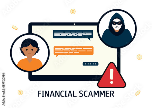Online scammer and child. Child Identity Fraud. Concept of cyber crime, data hacking. Vector flat illustration isolated on white background. 
