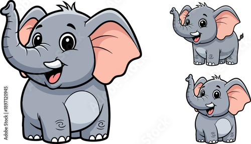 Adorable cartoon baby elephant illustrations feature a cheerful large main character alongside two smaller, happy, waving elephant companions perfect for children's media designs and educational mater