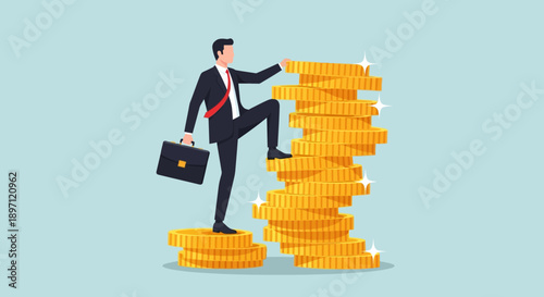 Businessman Climbing Cryptocurrency Stack Symbolizing Financial Growth and Digital Investment Success
