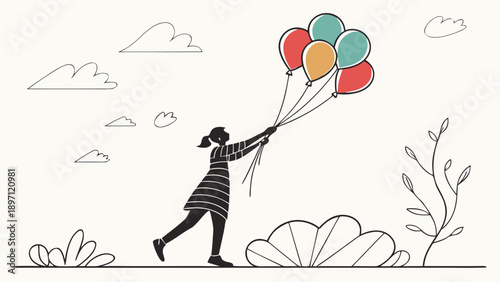Minimalist line drawing of a woman with colorful balloons