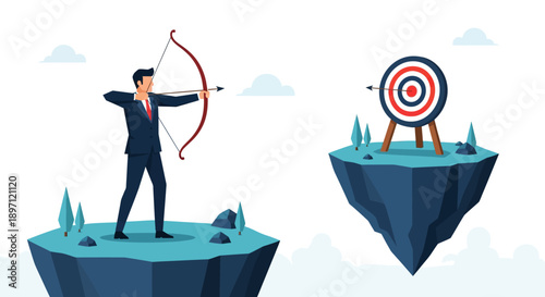 Businessman in formal attire aiming an arrow to hit dartboard on floating island emphasizing goal setting and focus