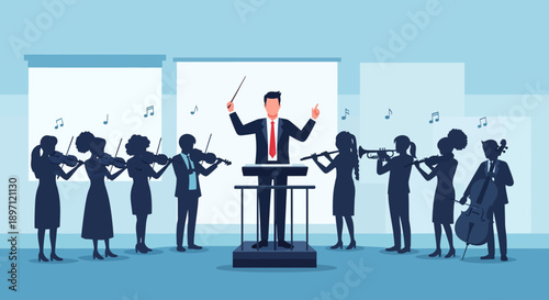 orchestra conductor leading a symphony with musicians playing string instruments in a modern setting