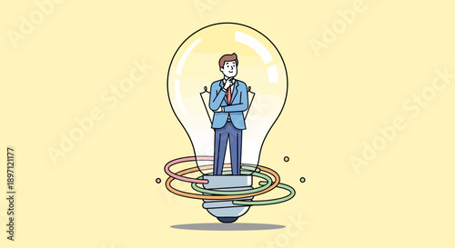Innovative Businessman Thinking Ideas Inside a Bright Lightbulb Symbolizing Creativity and Inspiration in Professional Environment