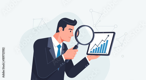 Business professional analyzing growth data with magnifying glass and tablet for market insights and performance trends in a